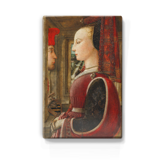 Laqueprint - Portret van een vrouw met een man in een openslaand raam - Filippo Lippi - 19,5 x 30 cm - LP027