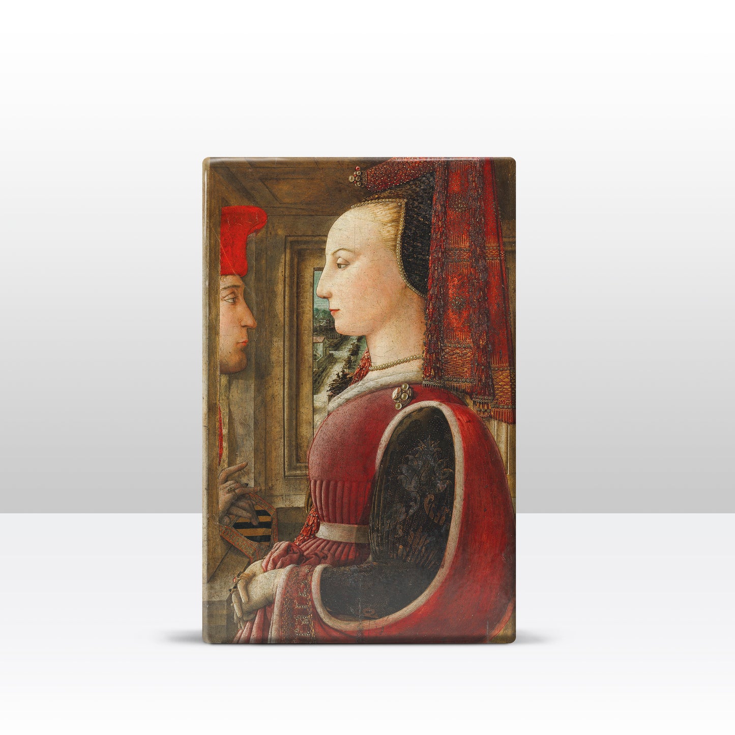 Laqueprint - Portret van een vrouw met een man in een openslaand raam - Filippo Lippi - 19,5 x 30 cm - LP027