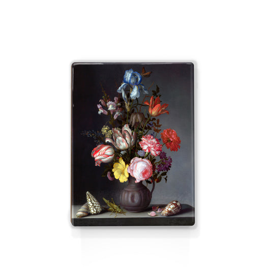 Laqueprint - Bloemen in een vaas met schelpen en Krekel - Balthasar van der Ast - 19,5 x 26 cm - LP142