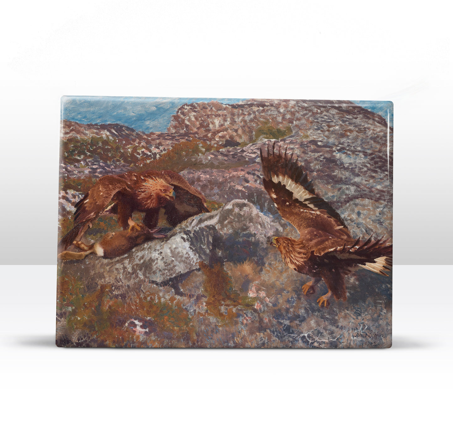 Laqueprint - Steenarenden vechten om een haas - Bruno Liljefors - 26 x 19,5 cm - LP253