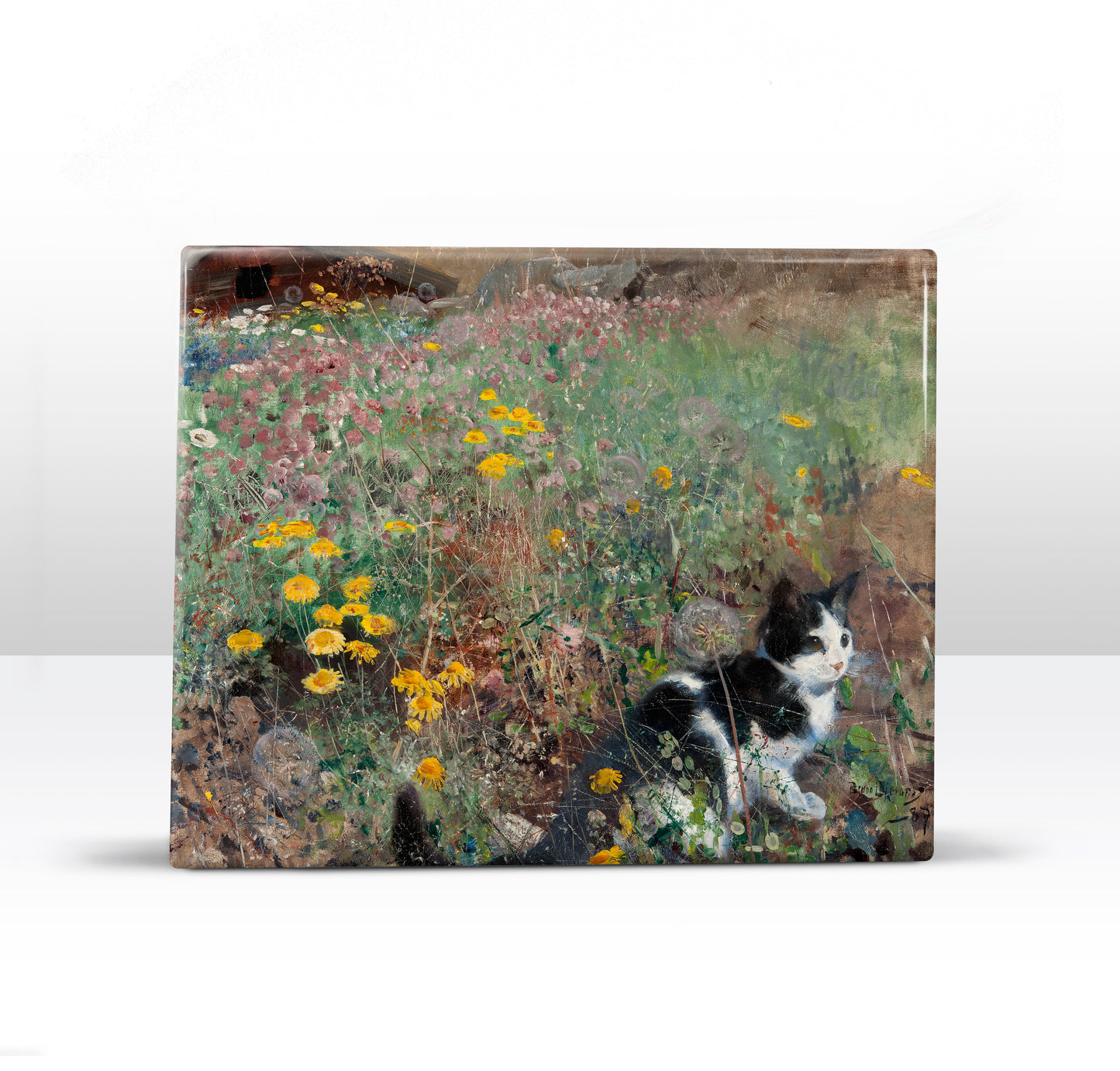 Laqueprint - Kat in een bloemenweide - Bruno Liljefors - 24 x 19,5 cm - LP258