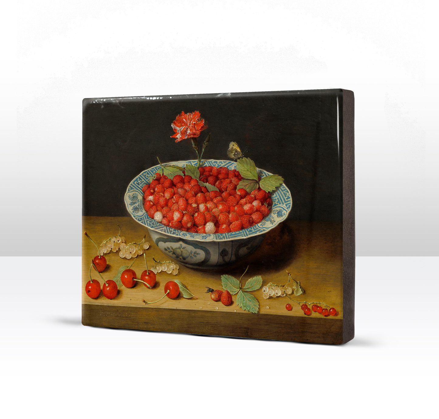Laqueprint - Wilde aardbeien en een anjer in een Wan Li kom - Jacob van Hulsdonck - 24 x 19,5 cm - LP282