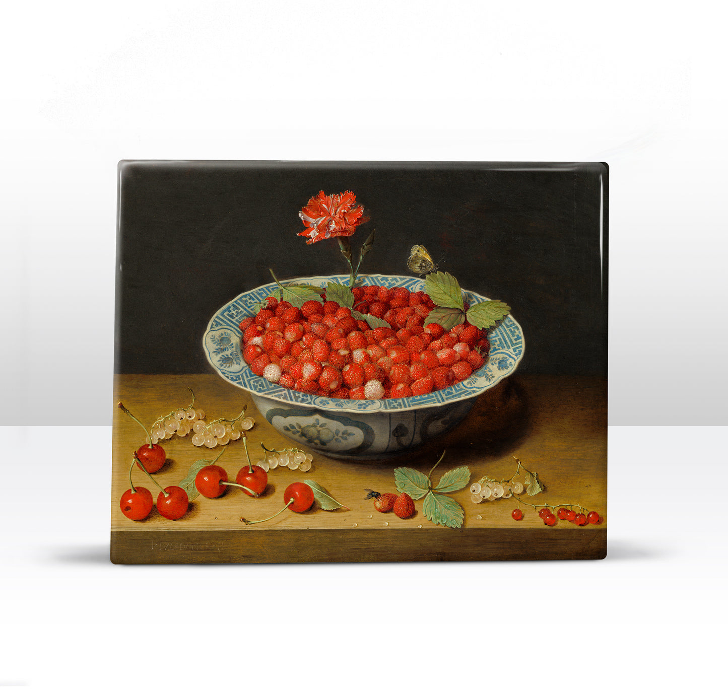 Laqueprint - Wilde aardbeien en een anjer in een Wan Li kom - Jacob van Hulsdonck - 24 x 19,5 cm - LP282