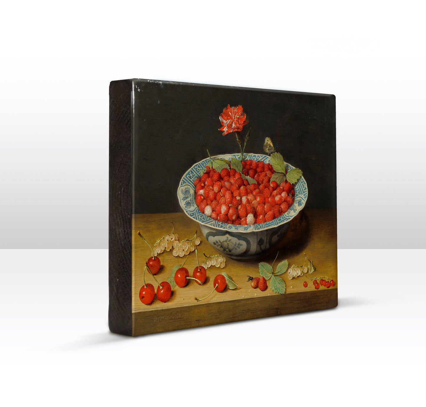 Laqueprint - Wilde aardbeien en een anjer in een Wan Li kom - Jacob van Hulsdonck - 24 x 19,5 cm - LP282
