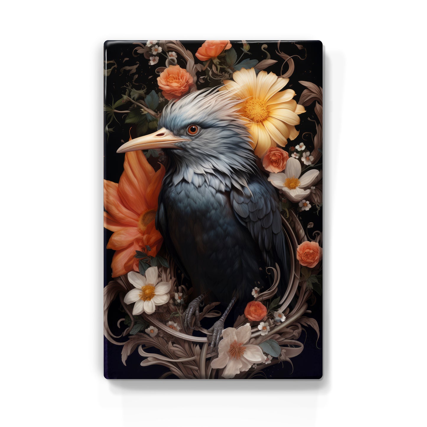 Blauwe vogel met bloemen - Laqueprint - 19,5 x 30 cm - LP315