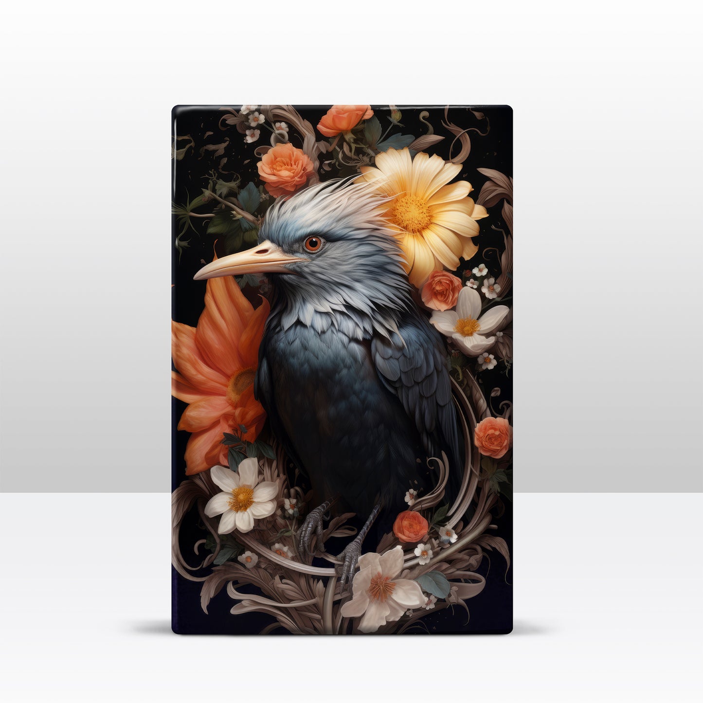 Blauwe vogel met bloemen - Laqueprint - 19,5 x 30 cm - LP315
