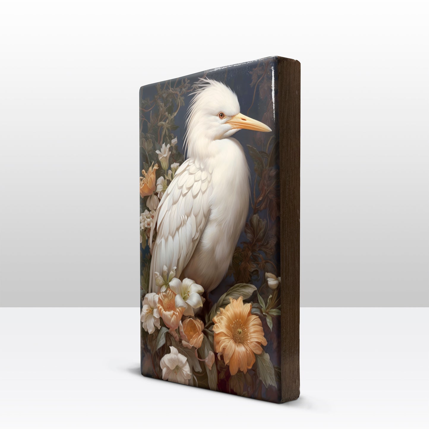 White heron with flowers 1 - Laque print - 19.5 x 30 cm - LP324