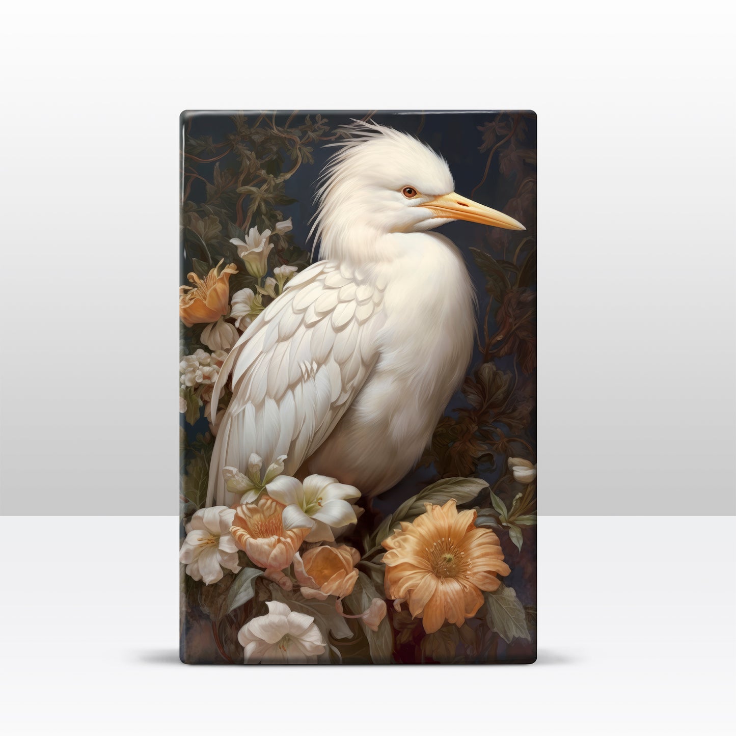 White heron with flowers 1 - Laque print - 19.5 x 30 cm - LP324