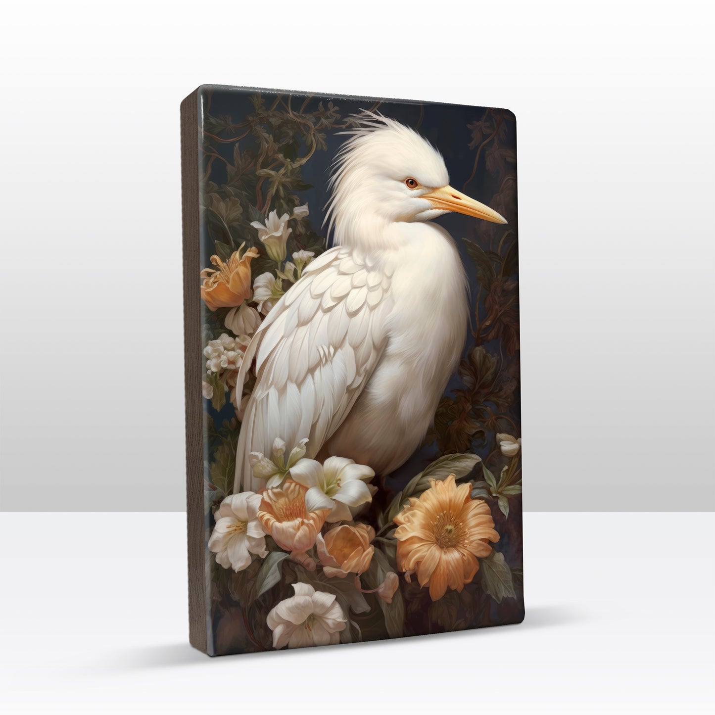 White heron with flowers 1 - Laque print - 19.5 x 30 cm - LP324