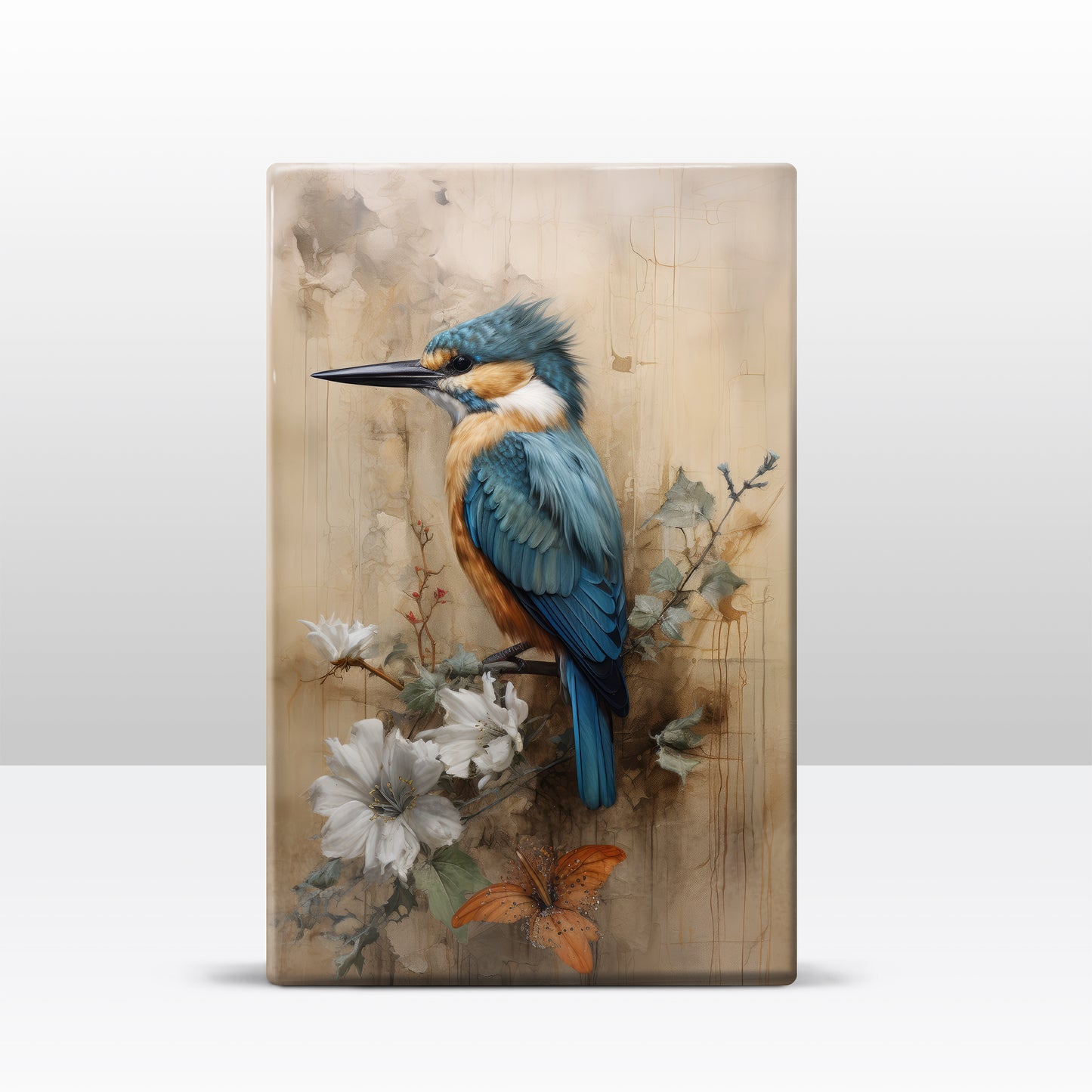 Ijsvogel op bloementak - Laqueprint - 19,5 x 30 cm - LP327