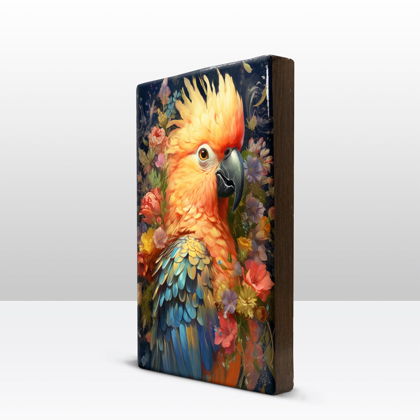 Blauwe papegaai met bloemen 2 - Laqueprint - 19,5 x 30 cm - LP335
