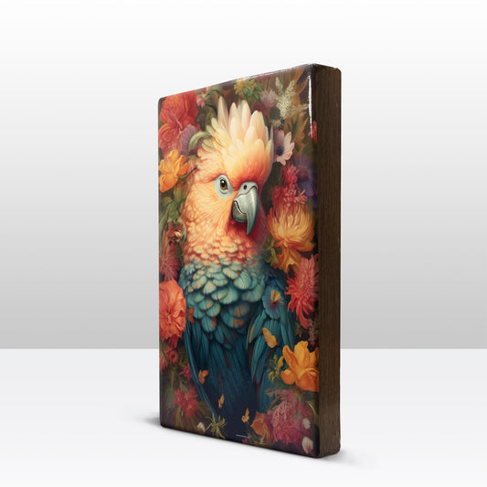 Blauwe papegaai met bloemen 1 - Laqueprint - 19,5 x 30 cm - LP336