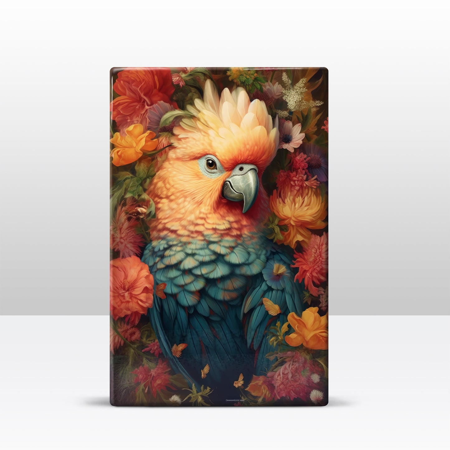 Blauwe papegaai met bloemen 1 - Laqueprint - 19,5 x 30 cm - LP336