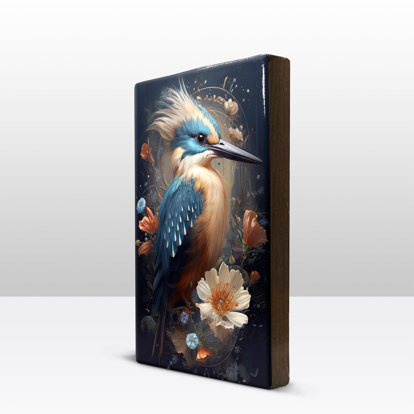 Kingfisher with crest and flowers - Laque print - 19.5 x 30 cm - LP337