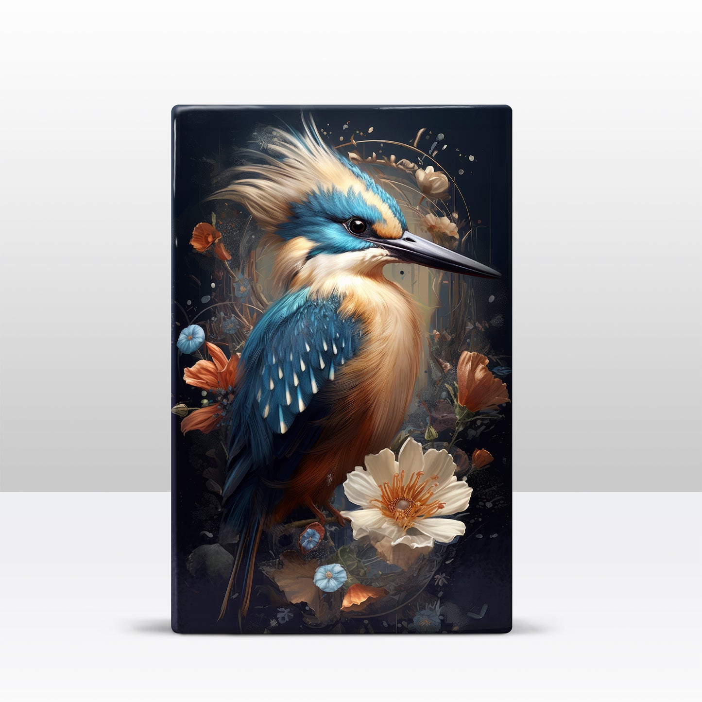 Kingfisher with crest and flowers - Laque print - 19.5 x 30 cm - LP337