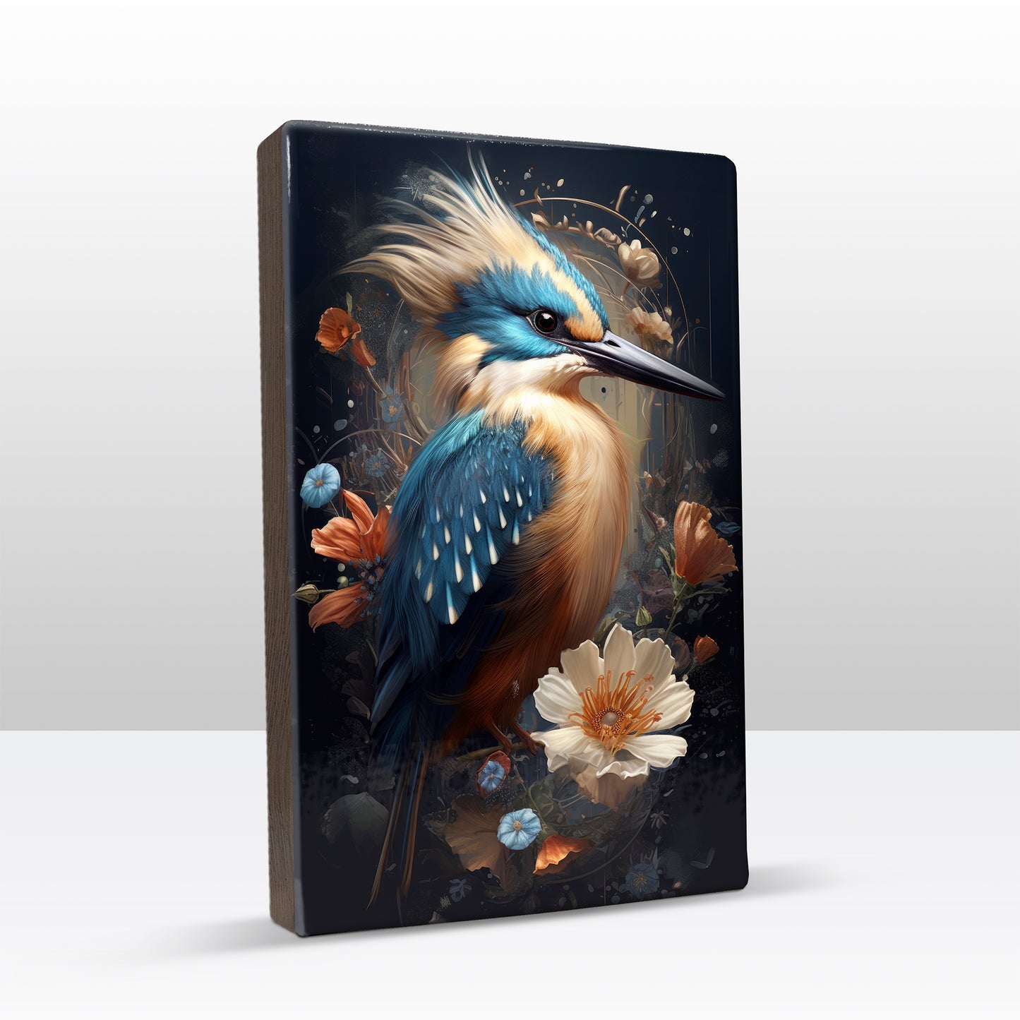 Kingfisher with crest and flowers - Laque print - 19.5 x 30 cm - LP337