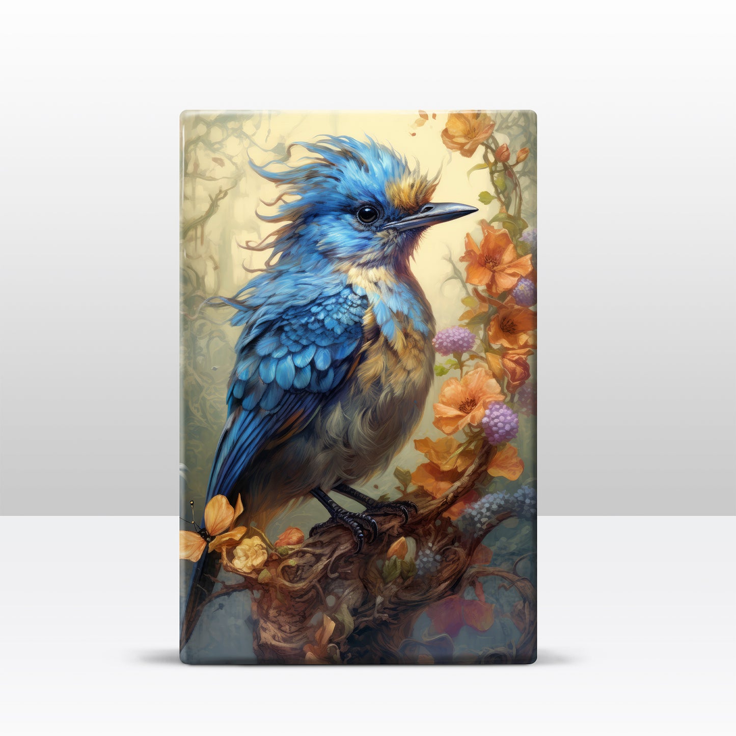 Blauwe vogel met bloemen - Laqueprint - 19,5 x 30 cm - LP346