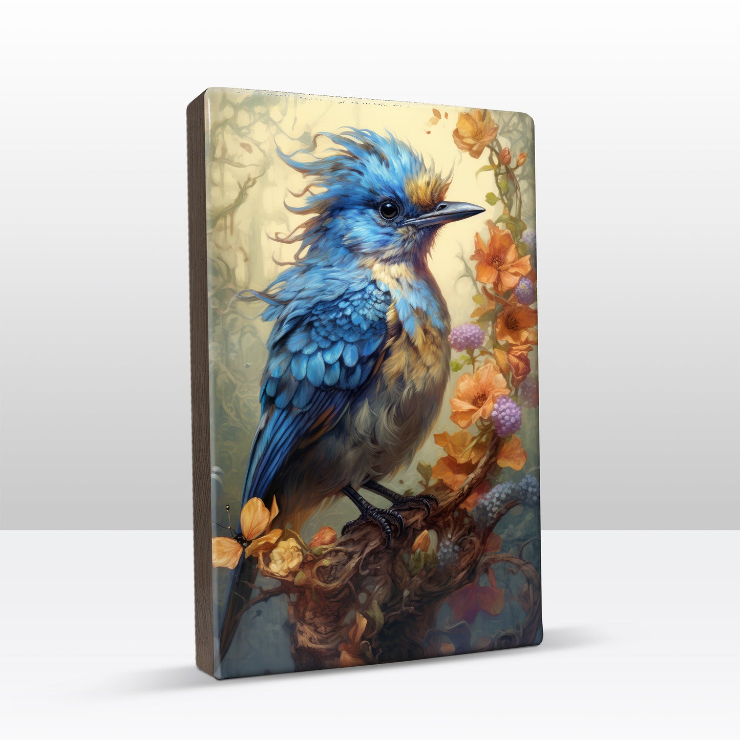 Blauwe vogel met bloemen - Laqueprint - 19,5 x 30 cm - LP346