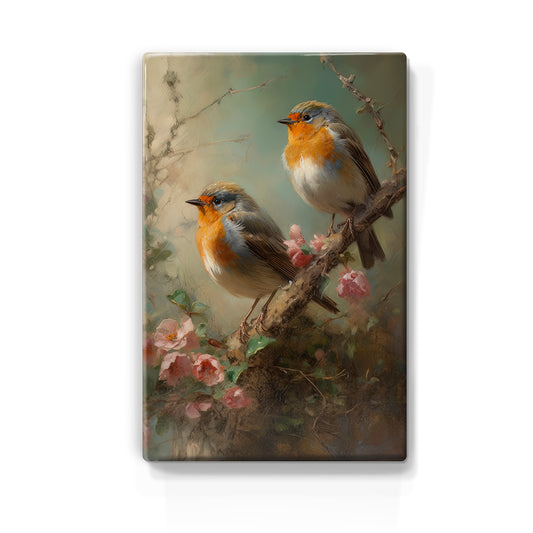 Laqueprint - Twee Roodborstjes op roze rozentak - Handgelakt - 19,5 x 30 cm - LP382