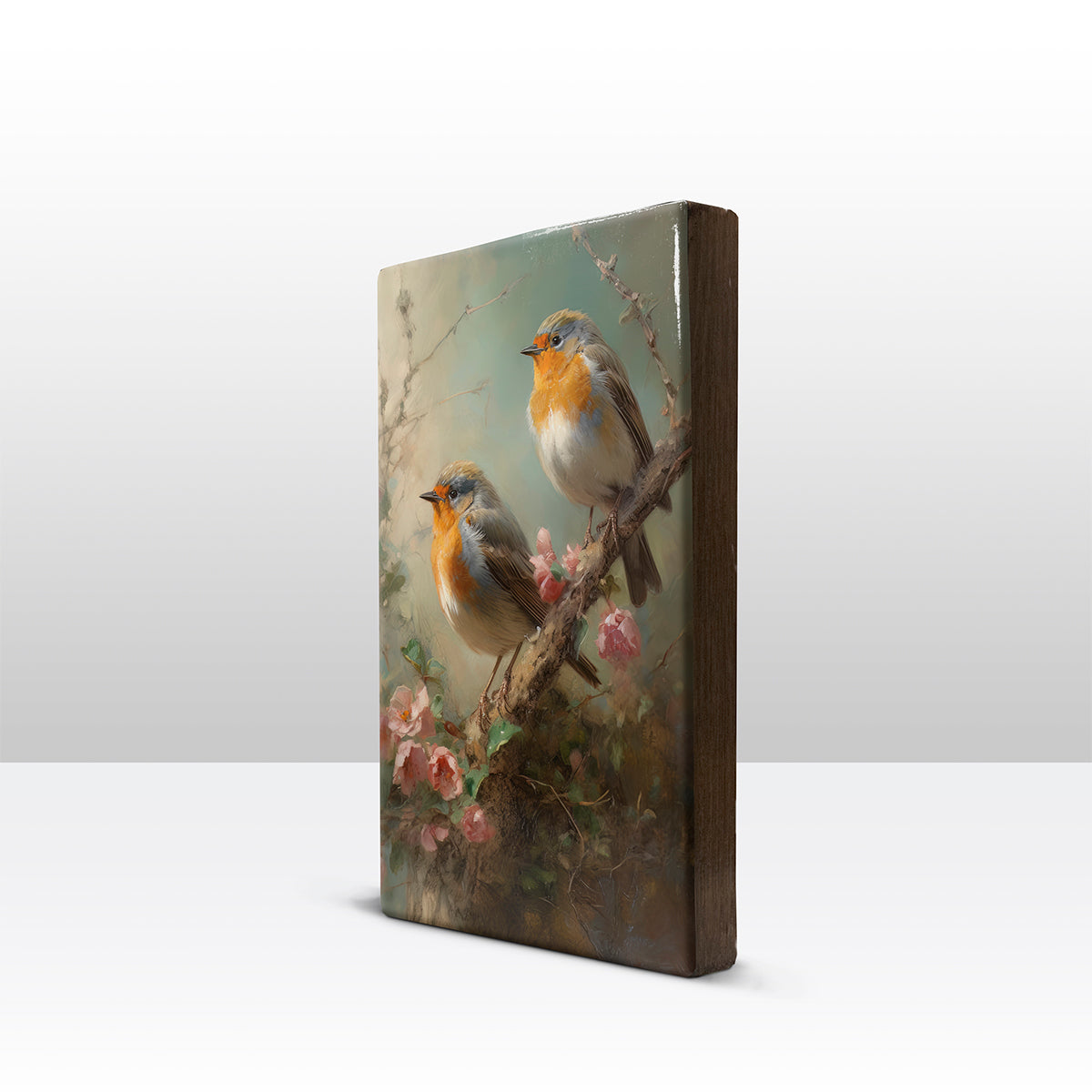 Lackdruck – Zwei Rotkehlchen auf rosa Rosenzweig – handlackiert – 19,5 x 30 cm – LP382