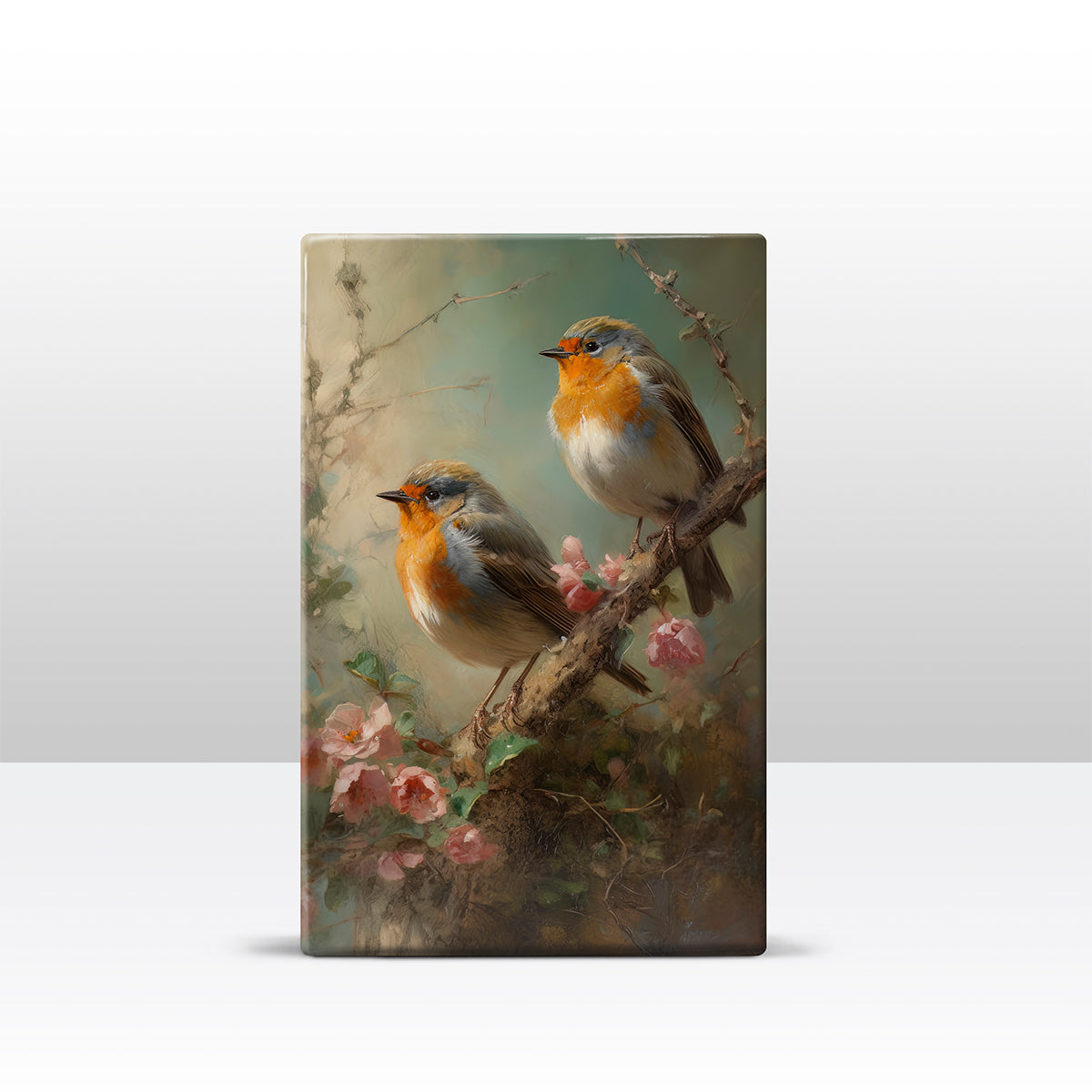 Lackdruck – Zwei Rotkehlchen auf rosa Rosenzweig – handlackiert – 19,5 x 30 cm – LP382
