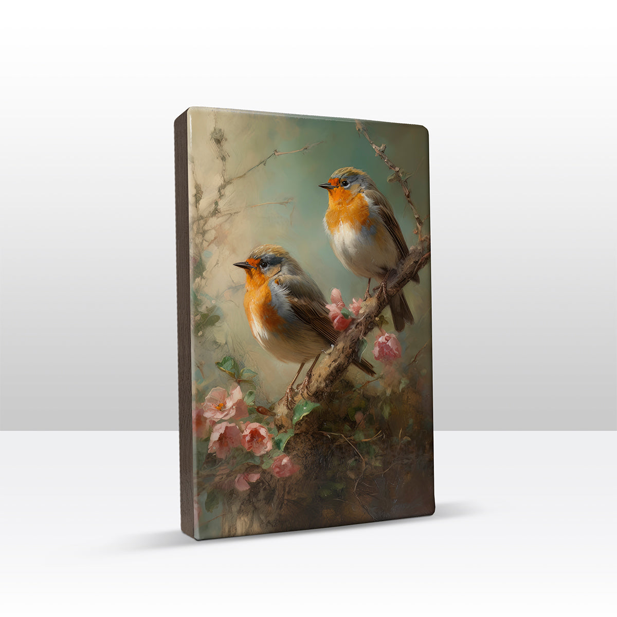 Lackdruck – Zwei Rotkehlchen auf rosa Rosenzweig – handlackiert – 19,5 x 30 cm – LP382