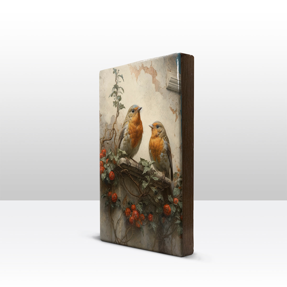 Laqueprint - Twee roodborstjes voor oude muur - Handgelakt - 19,5 x 30 cm - LP386