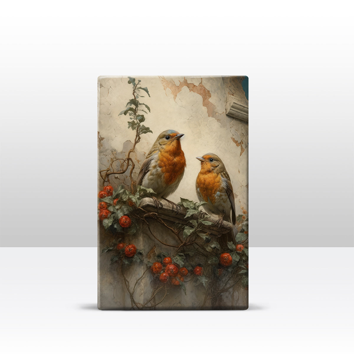 Laqueprint - Twee roodborstjes voor oude muur - Handgelakt - 19,5 x 30 cm - LP386