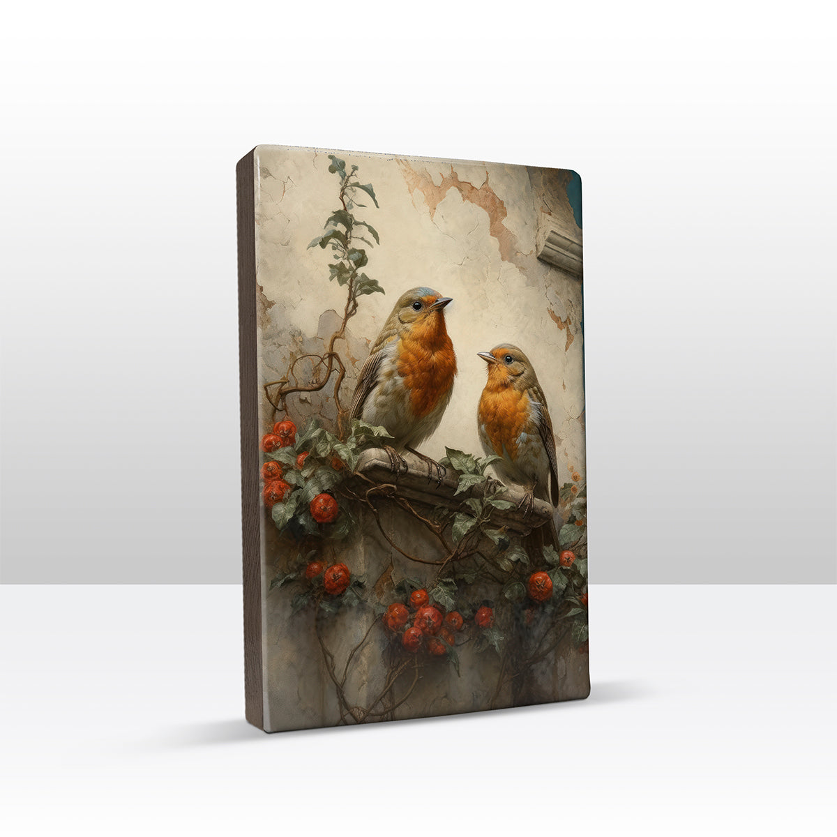 Laqueprint - Twee roodborstjes voor oude muur - Handgelakt - 19,5 x 30 cm - LP386