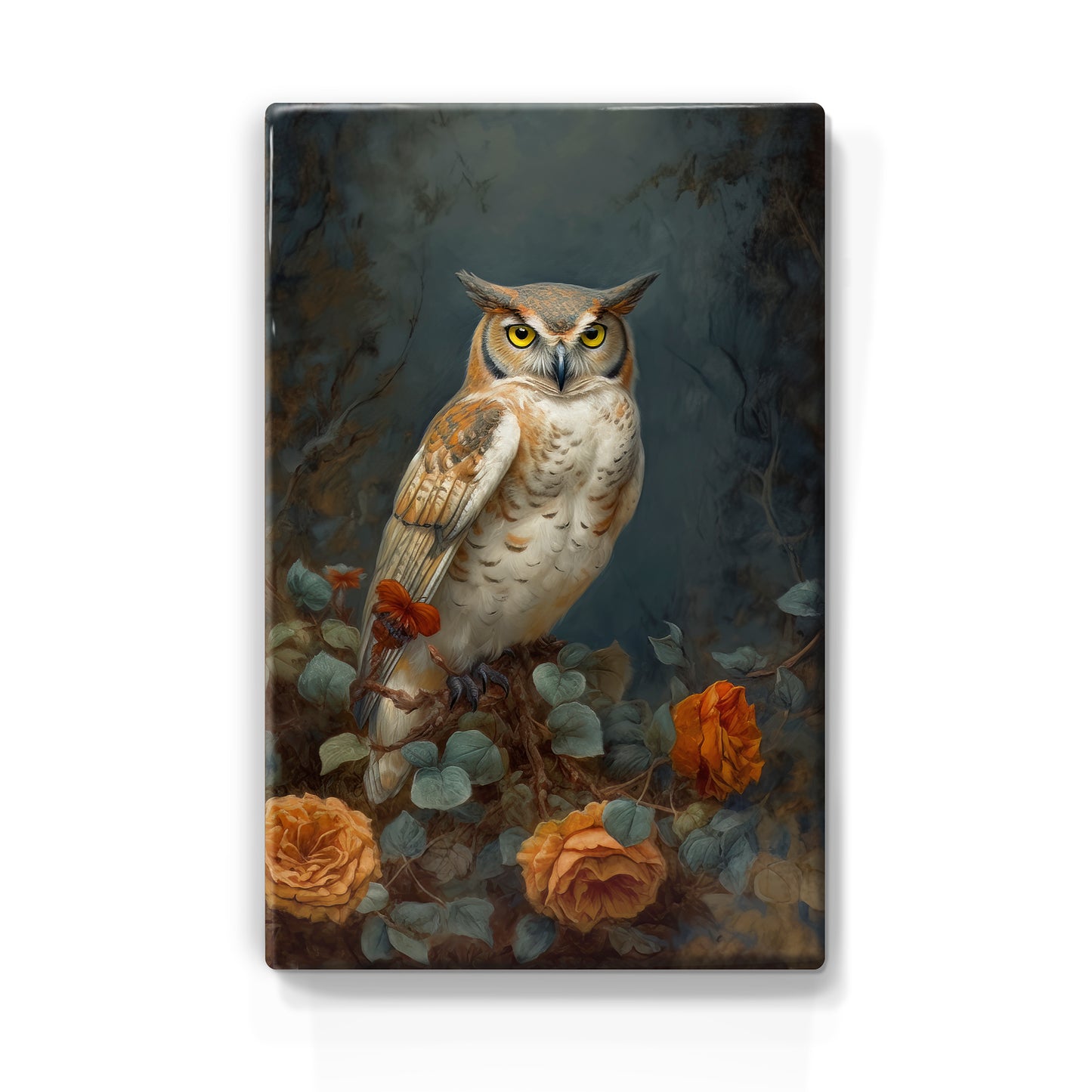 Laqueprint-gevlekte uil met oranje rozen-Handgelakt-19,5 x 30 cm-LP394
