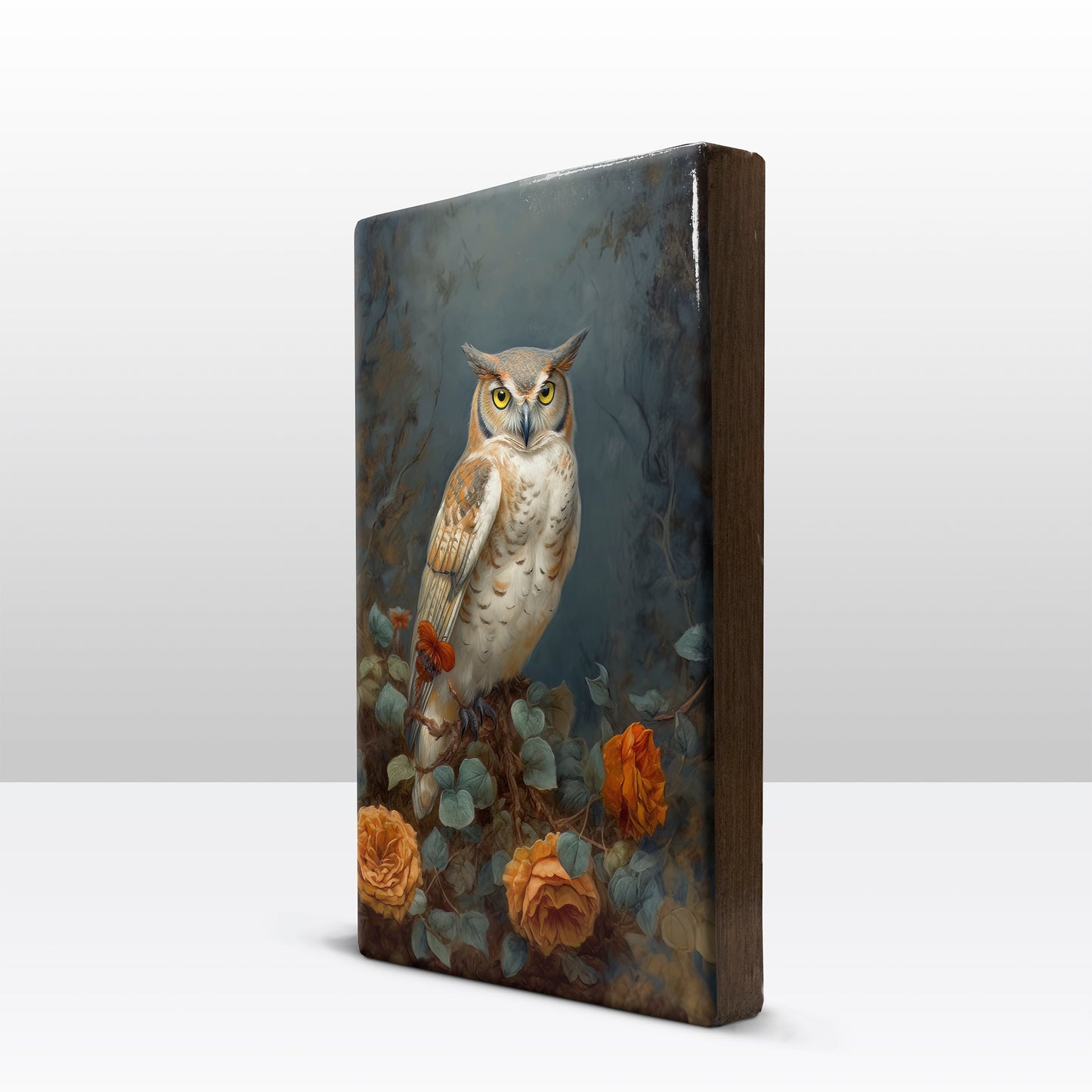 Laqueprint-gevlekte uil met oranje rozen-Handgelakt-19,5 x 30 cm-LP394