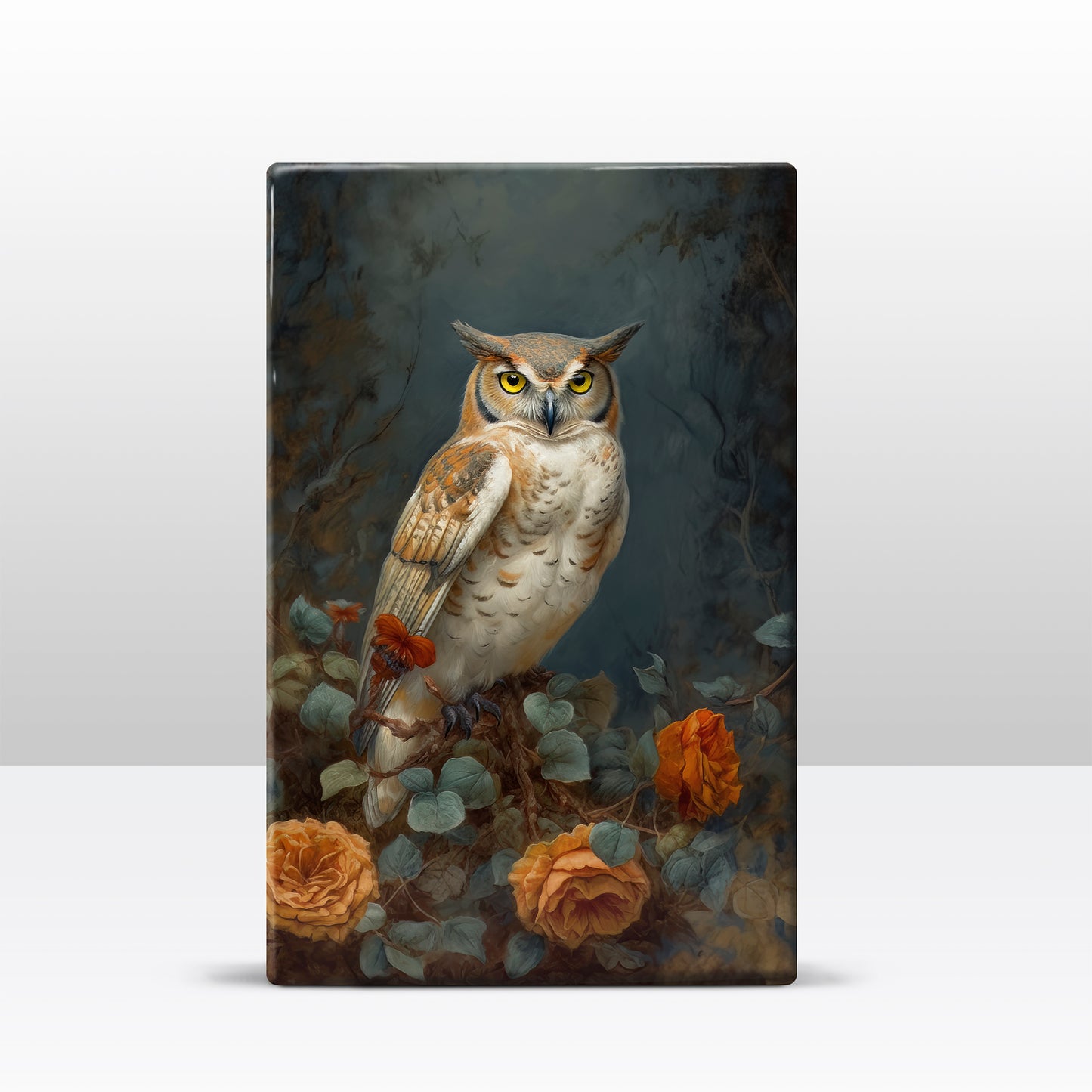 Laqueprint-gevlekte uil met oranje rozen-Handgelakt-19,5 x 30 cm-LP394