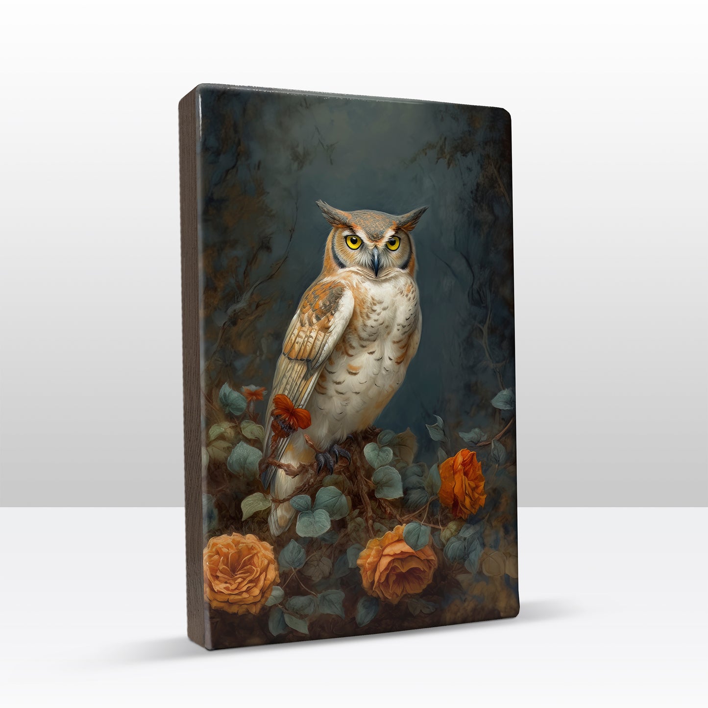 Laqueprint-gevlekte uil met oranje rozen-Handgelakt-19,5 x 30 cm-LP394