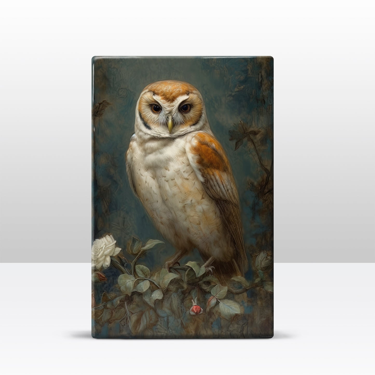 Laqueprint-uil met witte rozen-Handgelakt-19,5 x 30 cm-LP395