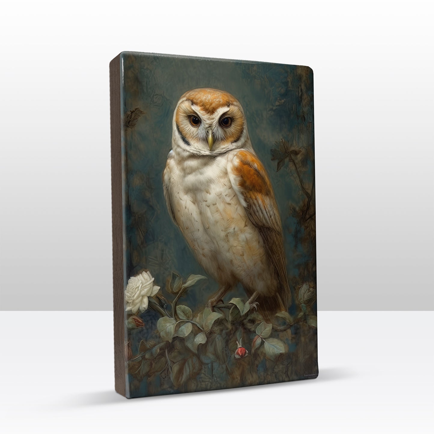 Laqueprint-uil met witte rozen-Handgelakt-19,5 x 30 cm-LP395
