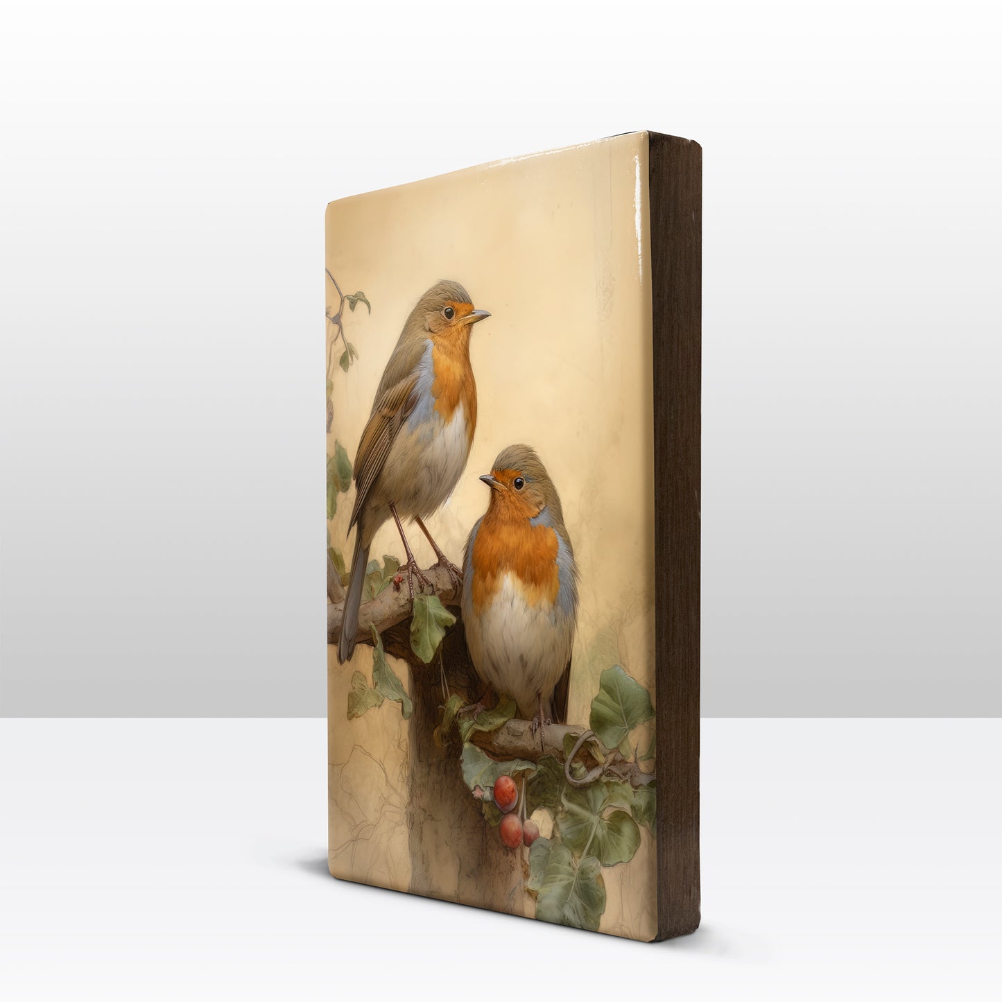 Laqueprint-twee Roodborstjes met rode bessen-Handgelakt-19,5 x 30 cm-LP401