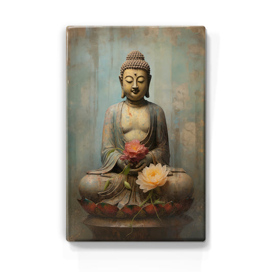 Boeddha met bloemen - Laqueprint - 19,5 x 30 cm - LP500
