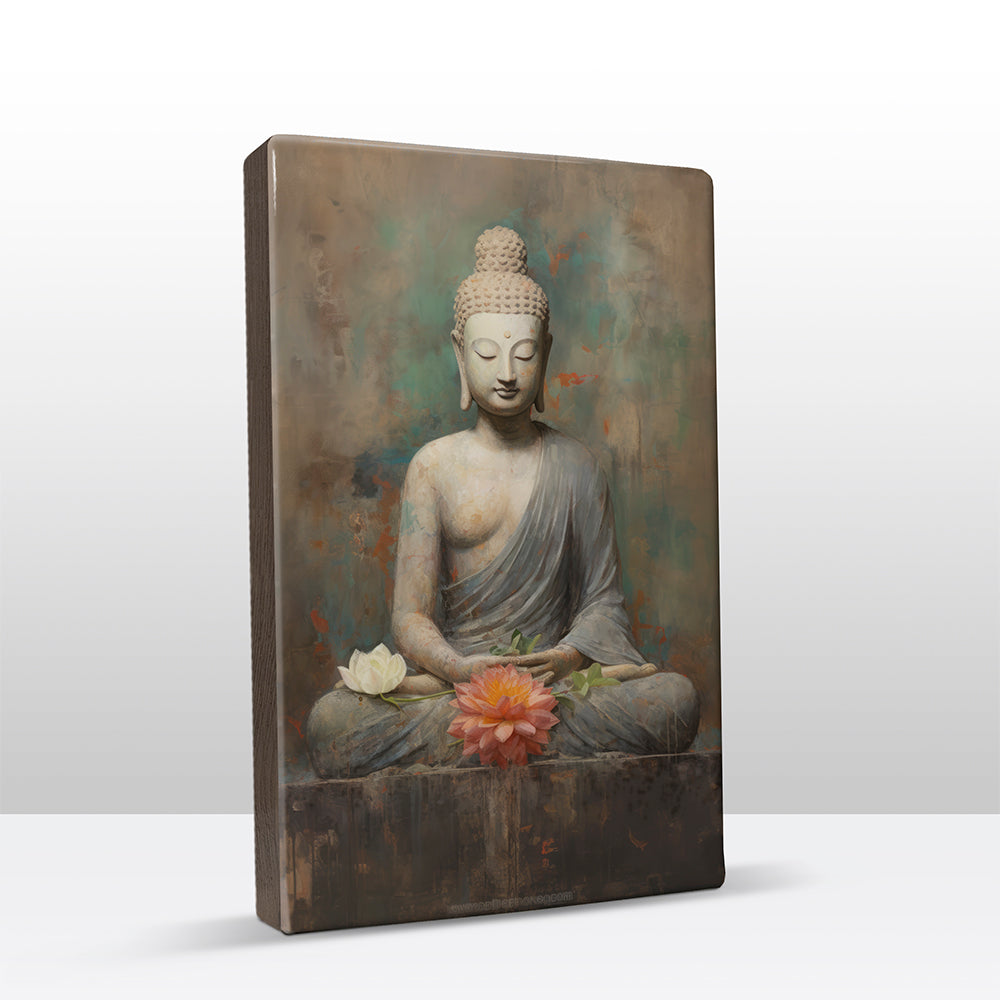 Boeddha met bloemen - Laqueprint - 19,5 x 30 cm - LP503
