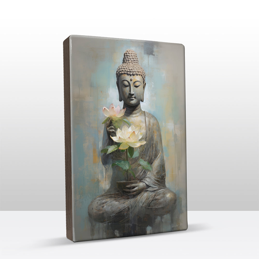 Boeddha met bloemen - Laqueprint - 19,5 x 30 cm - LP509