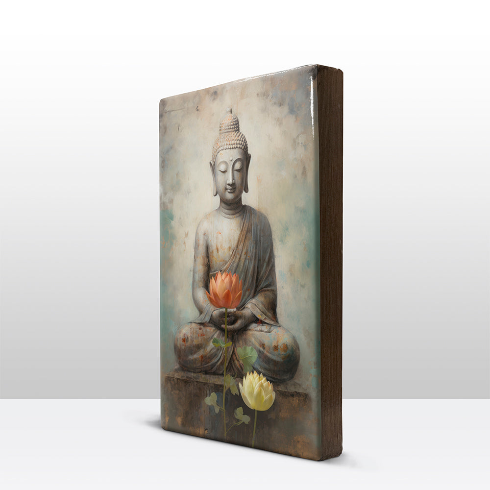 Boeddha met bloemen - Laqueprint - 19,5 x 30 cm - LP521