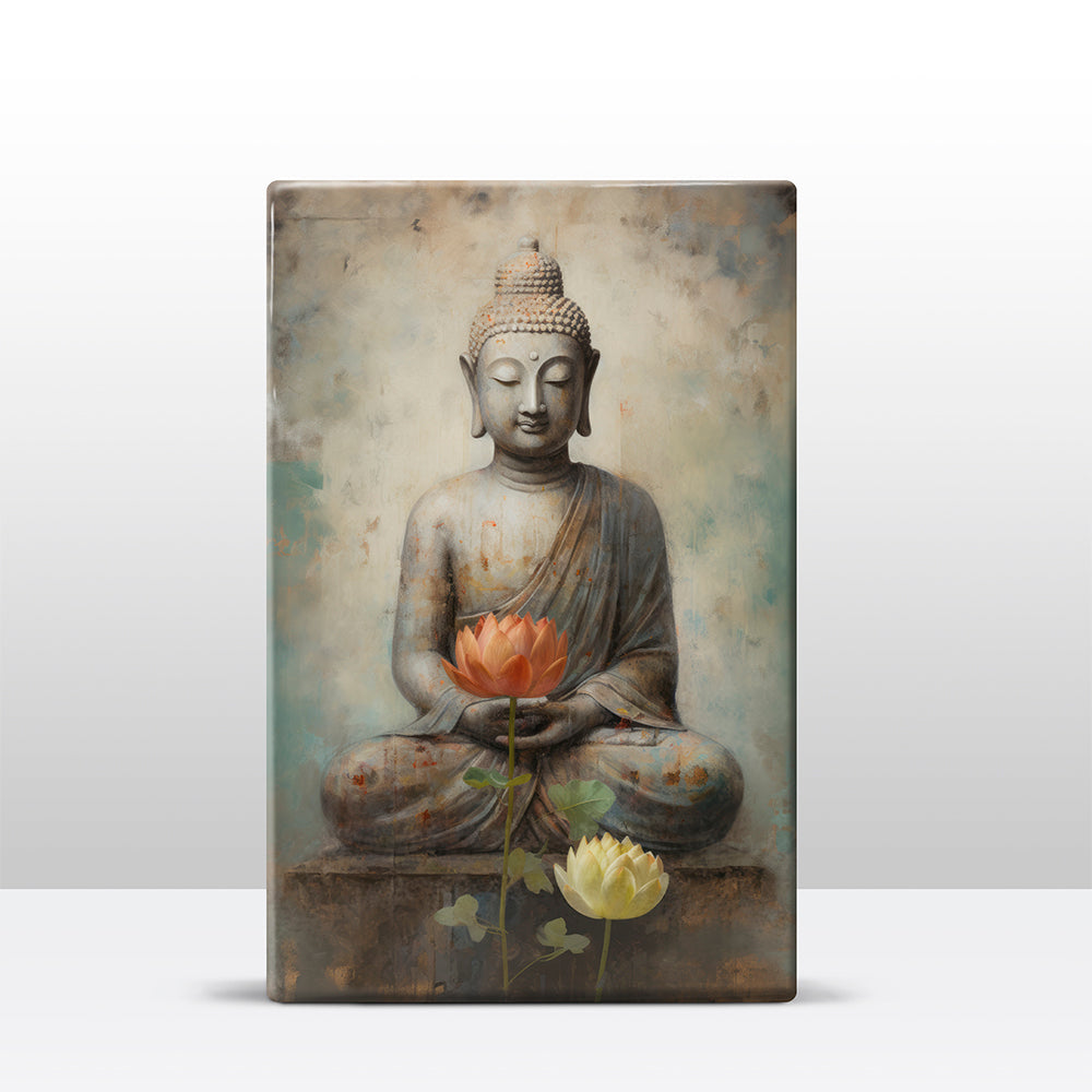 Boeddha met bloemen - Laqueprint - 19,5 x 30 cm - LP521