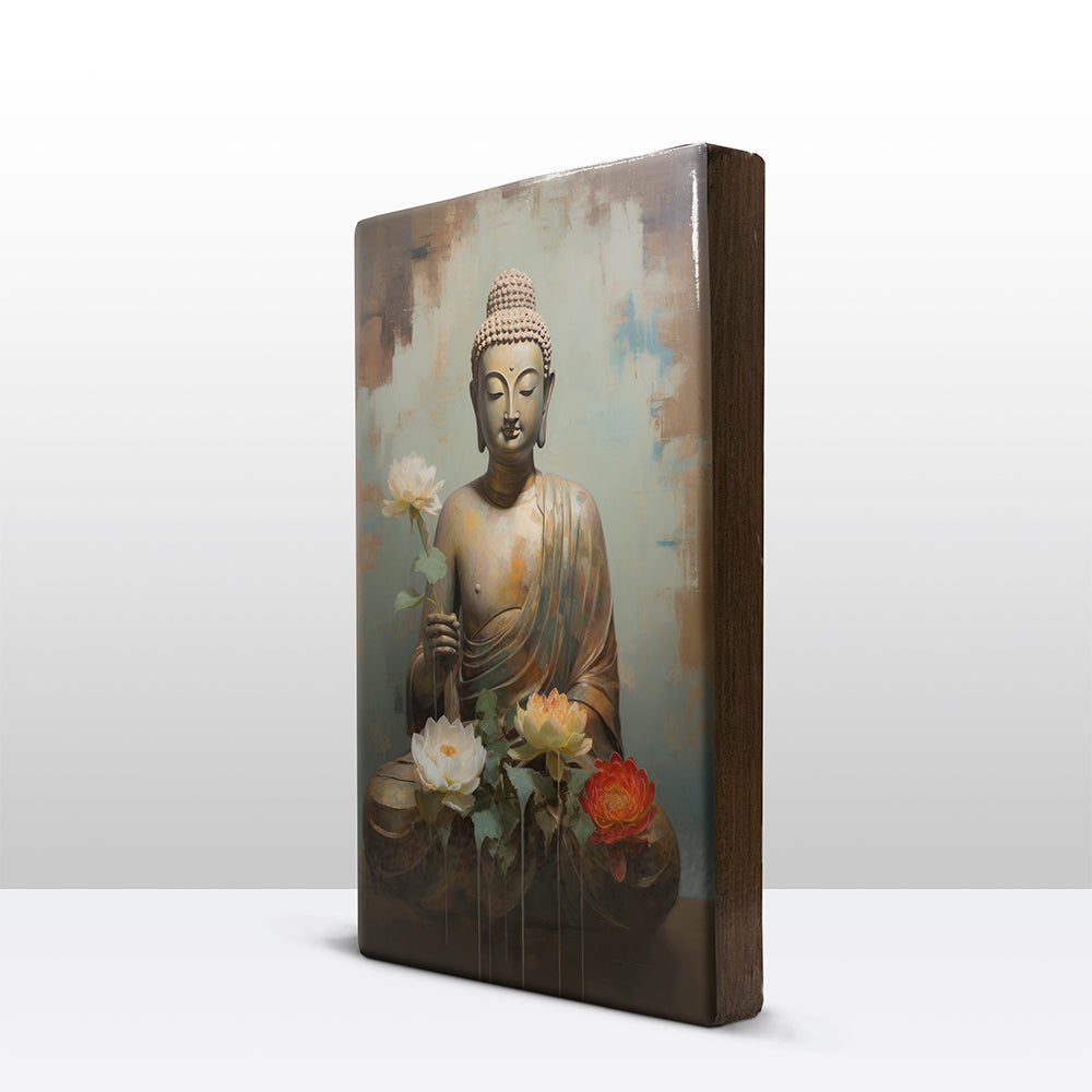 Boeddha met bloemen - Laqueprint - 19,5 x 30 cm - LP537