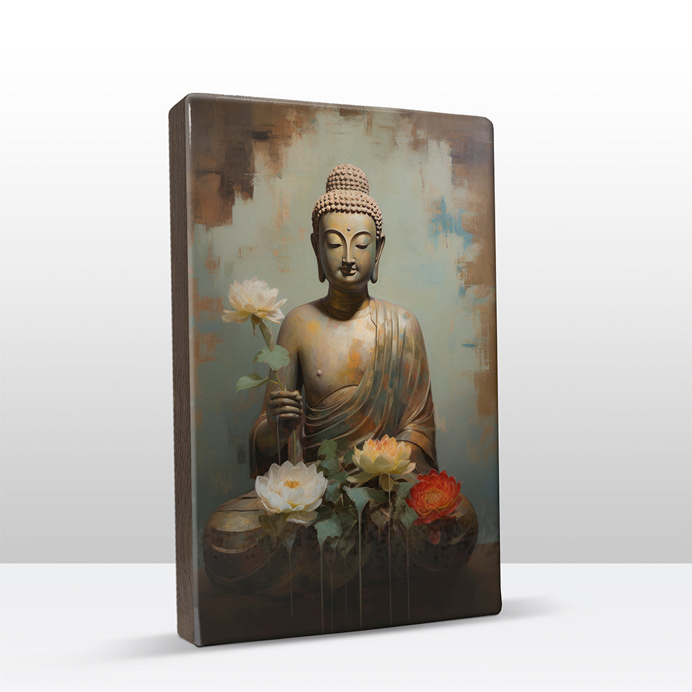 Boeddha met bloemen - Laqueprint - 19,5 x 30 cm - LP537