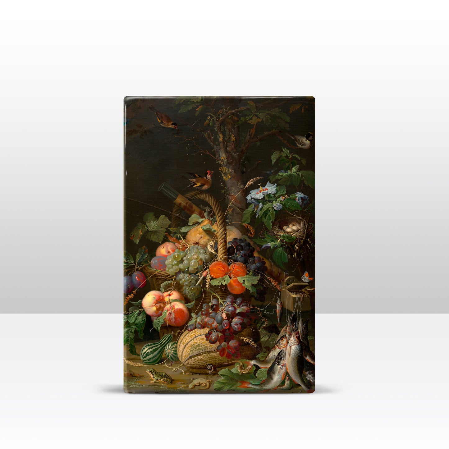 Laqueprint - Stilleven met fruit, vis en een nest - Abraham Mignon - 19,5 x 30 cm - LP065