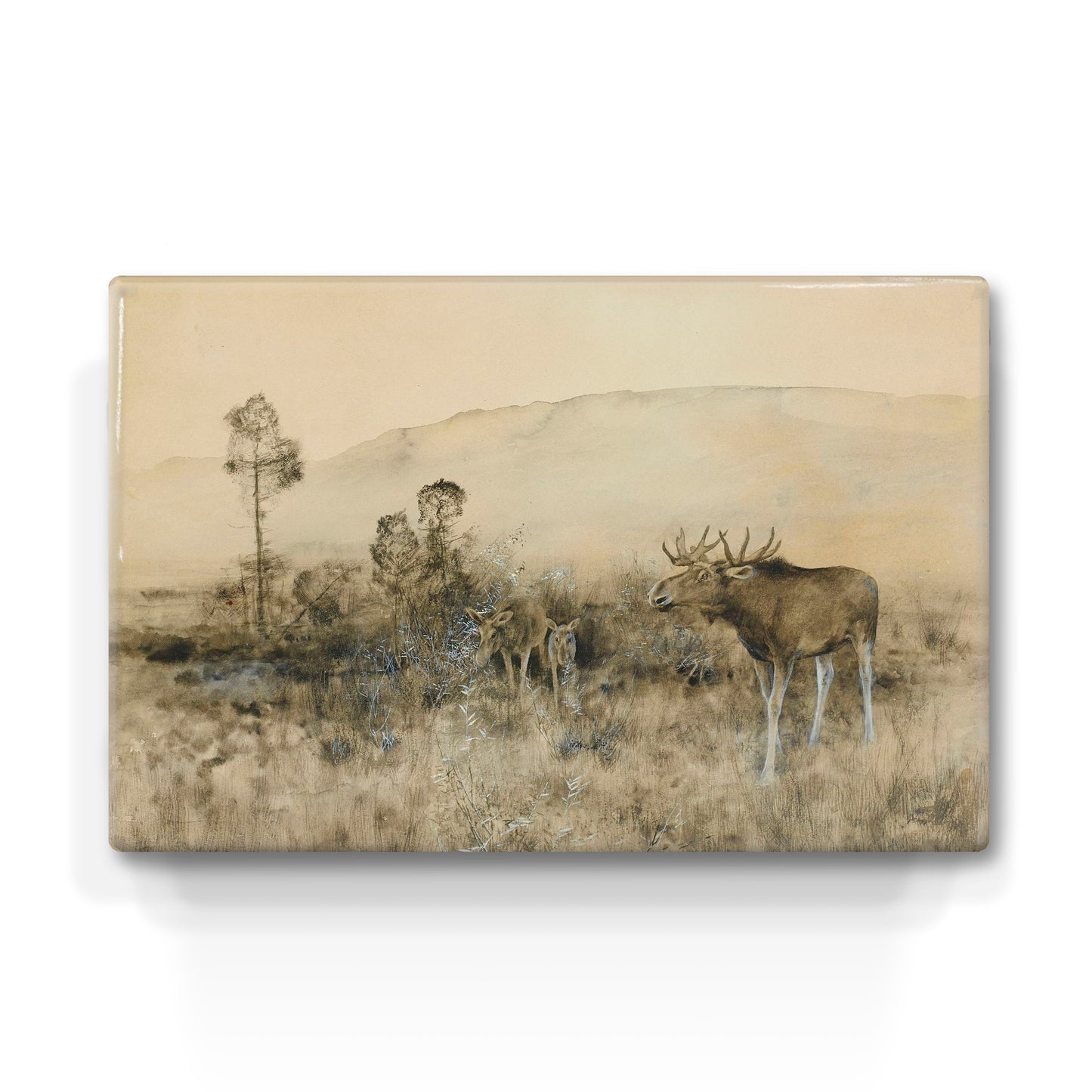 Laqueprint - Landschap met Amerikaanse elandenfamilie - Bruno Liljefors - 30 x 19,5 cm - LP238