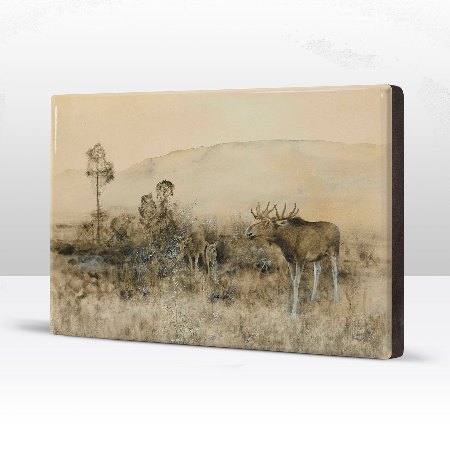 Laqueprint - Landschap met Amerikaanse elandenfamilie - Bruno Liljefors - 30 x 19,5 cm - LP238