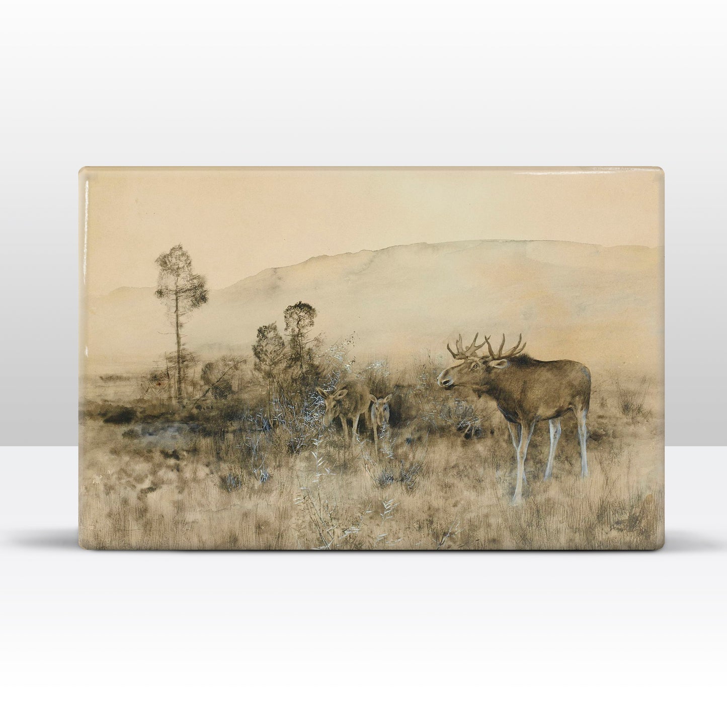 Laqueprint - Landschap met Amerikaanse elandenfamilie - Bruno Liljefors - 30 x 19,5 cm - LP238