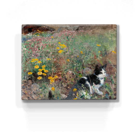 Laqueprint - Kat in een bloemenweide - Bruno Liljefors - 24 x 19,5 cm - LP258