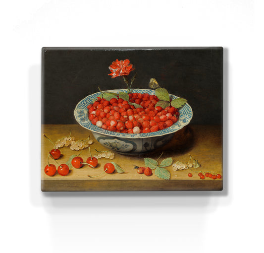 Laqueprint - Wilde aardbeien en een anjer in een Wan Li kom - Jacob van Hulsdonck - 24 x 19,5 cm - LP282