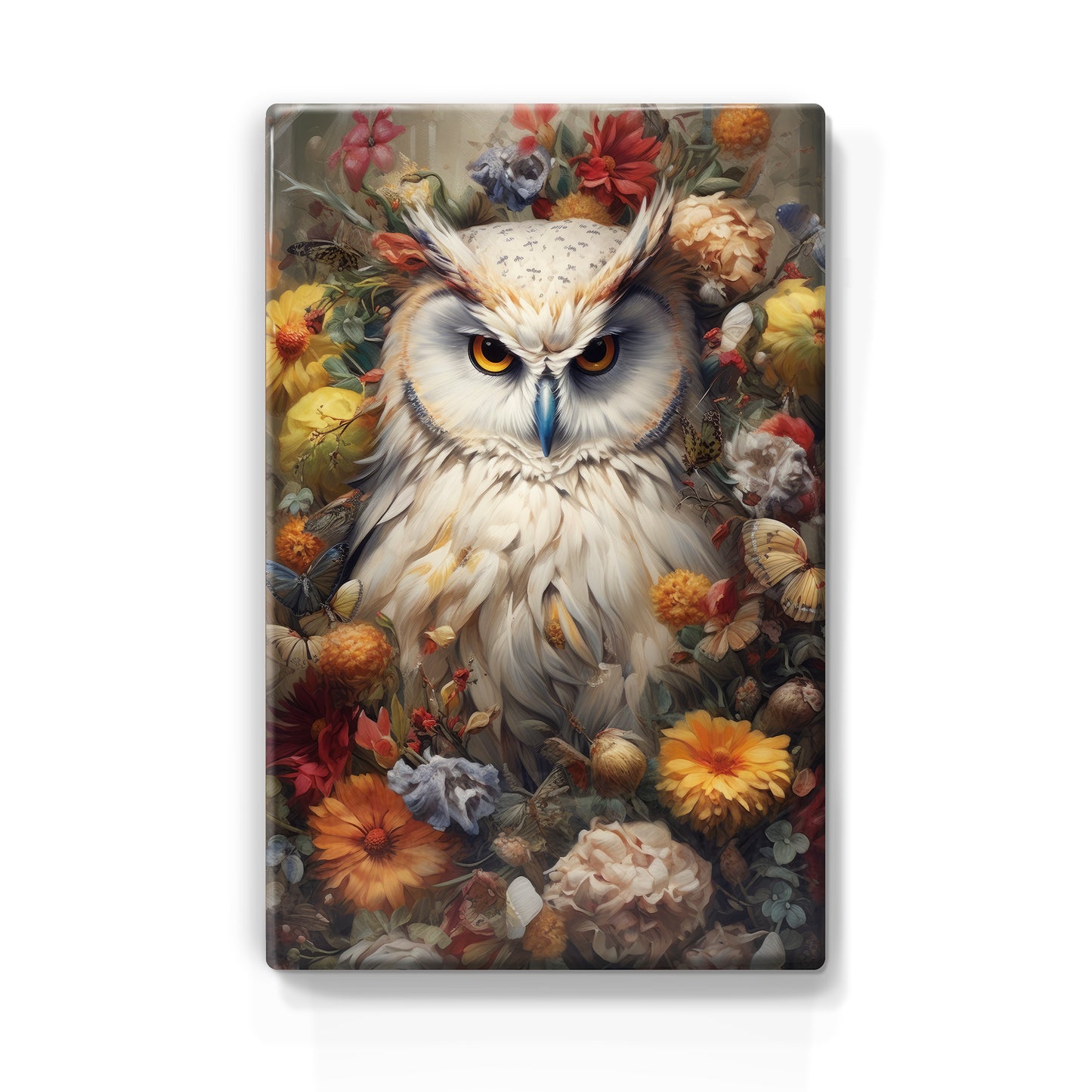 White owl with flowers - Laque print - 19.5 x 30 cm - LP304